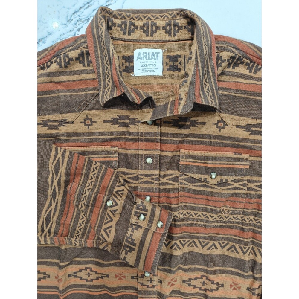 Ariat Pearl Snap Shirt Mens 2XL Brown Aztec Flannel Western Cowboy Retro Fit